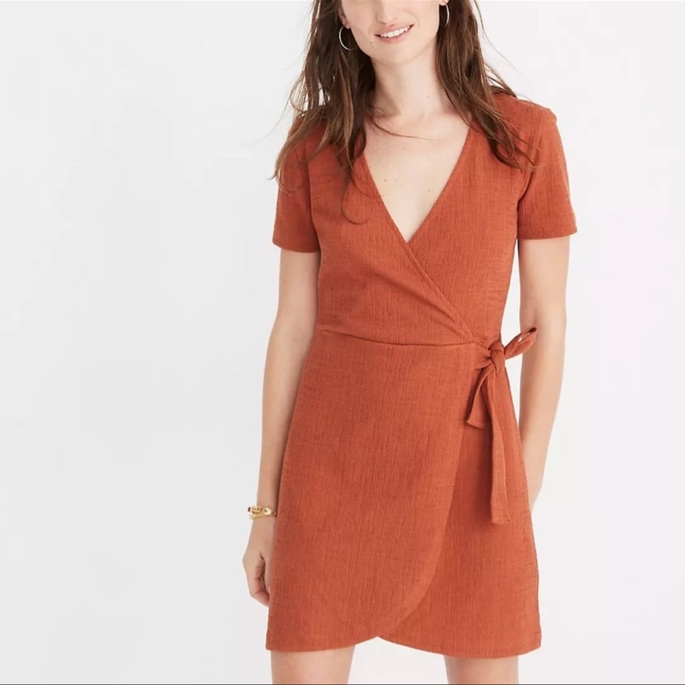 Madewell Texture and Thread Faux Wrap Dress, Rust, Small